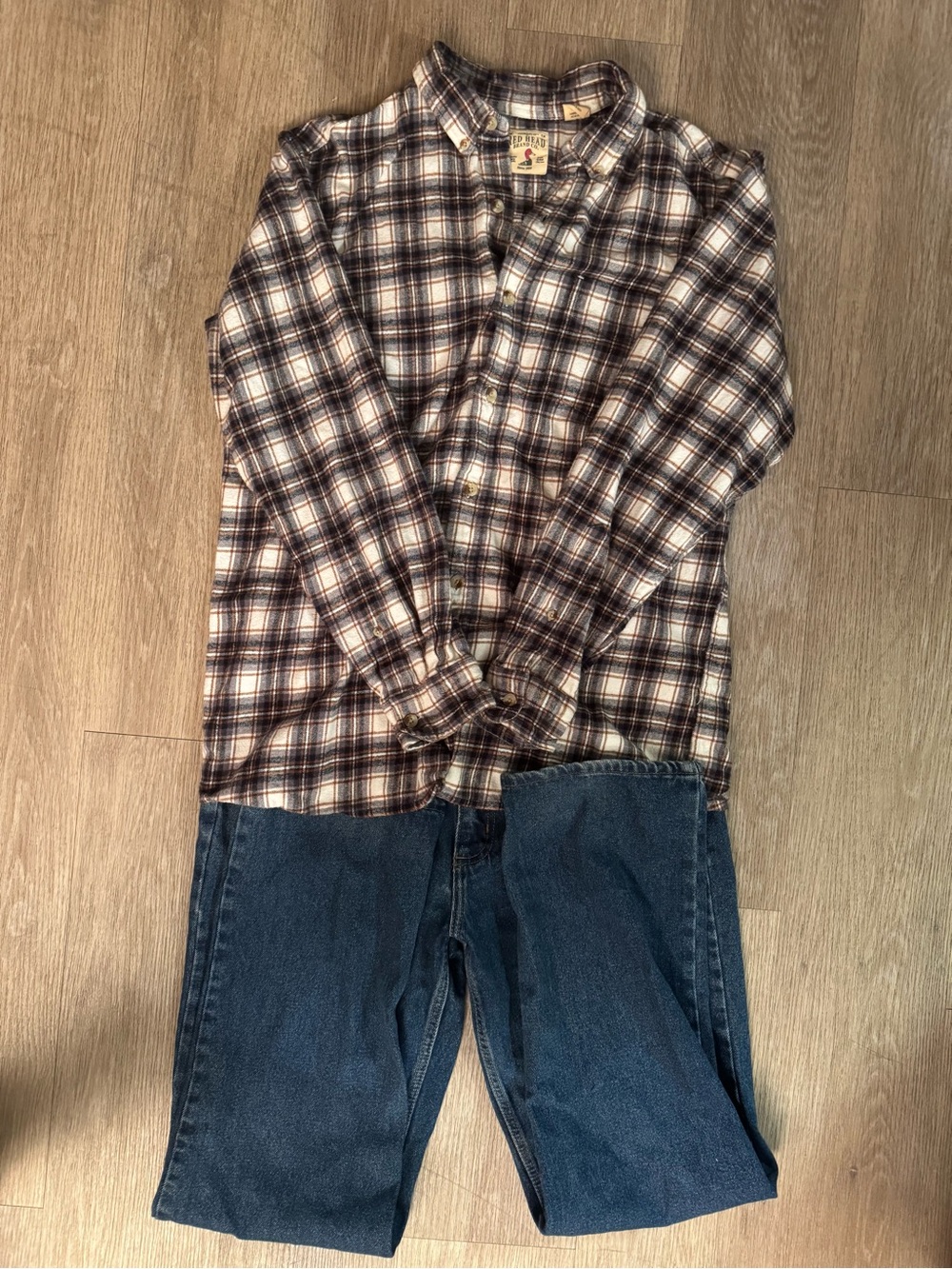 Red Head Plaid Flannel Shirt Size L + Jeans 34x34 Men’s Outfit